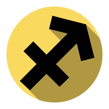 Yay işareti illüstrasyon. Vektör. Düz siyah simgesi beyaz arka plan ile Kraliyet sarı daire üzerinde düz gölge ile. İzole.