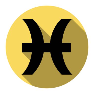 Balık illüstrasyon işareti. Vektör. Düz siyah simgesi beyaz arka plan ile Kraliyet sarı daire üzerinde düz gölge ile. İzole.