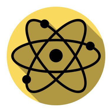 Atom işareti illüstrasyon. Vektör. Düz siyah simgesi beyaz arka plan ile Kraliyet sarı daire üzerinde düz gölge ile. İzole.