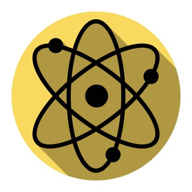 Atom işareti illüstrasyon. Vektör. Düz siyah simgesi beyaz arka plan ile Kraliyet sarı daire üzerinde düz gölge ile. İzole.