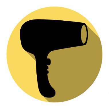 Saç kurutma makinesi işareti. Vektör. Düz siyah simgesi beyaz arka plan ile Kraliyet sarı daire üzerinde düz gölge ile. İzole.