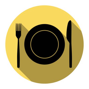 Çatal, bıçak ve plaka işareti. Vektör. Düz siyah simgesi beyaz arka plan ile Kraliyet sarı daire üzerinde düz gölge ile. İzole.