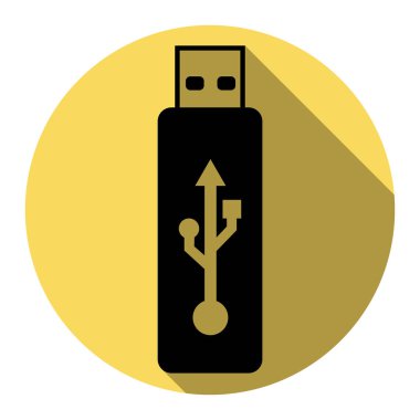 Vektör Usb birden parlamak götürmek işareti. Vektör. Düz siyah simgesi beyaz arka plan ile Kraliyet sarı daire üzerinde düz gölge ile. İzole.