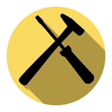 Araçlar illüstrasyon işareti. Vektör. Düz siyah simgesi beyaz arka plan ile Kraliyet sarı daire üzerinde düz gölge ile. İzole.