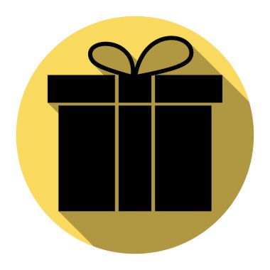 Hediye kutusu işareti. Vektör. Düz siyah simgesi beyaz arka plan ile Kraliyet sarı daire üzerinde düz gölge ile. İzole.