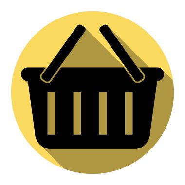 Alışveriş sepeti işareti. Vektör. Düz siyah simgesi beyaz arka plan ile Kraliyet sarı daire üzerinde düz gölge ile. İzole.