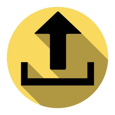 İşareti illüstrasyon yükleyin. Vektör. Düz siyah simgesi beyaz arka plan ile Kraliyet sarı daire üzerinde düz gölge ile. İzole.