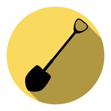 Kürek bahçede çalışmak. Vektör. Düz siyah simgesi beyaz arka plan ile Kraliyet sarı daire üzerinde düz gölge ile. İzole.