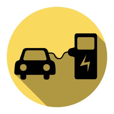 Elektrikli Araba pil şarj işaret. Vektör. Düz siyah simgesi beyaz arka plan ile Kraliyet sarı daire üzerinde düz gölge ile. İzole.