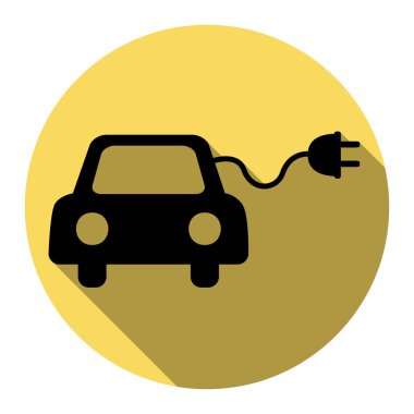 Eko elektrikli otomobil işareti. Vektör. Düz siyah simgesi beyaz arka plan ile Kraliyet sarı daire üzerinde düz gölge ile. İzole.