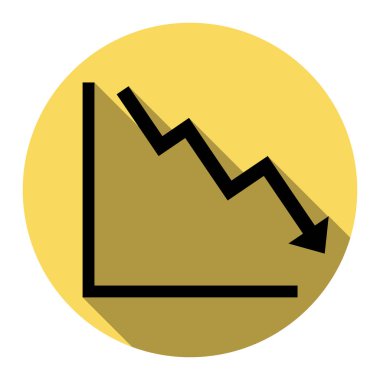 Aşağıya doğru gösteren kriz işaret eden ok. Vektör. Düz siyah simgesi beyaz arka plan ile Kraliyet sarı daire üzerinde düz gölge ile. İzole.
