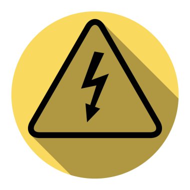 Yüksek gerilim tehlike işareti. Vektör. Düz siyah simgesi beyaz arka plan ile Kraliyet sarı daire üzerinde düz gölge ile. İzole.