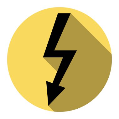 Yüksek gerilim tehlike işareti. Vektör. Düz siyah simgesi beyaz arka plan ile Kraliyet sarı daire üzerinde düz gölge ile. İzole.