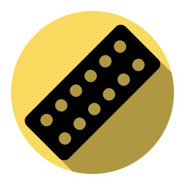 Tıbbi hapları işareti. Vektör. Düz siyah simgesi beyaz arka plan ile Kraliyet sarı daire üzerinde düz gölge ile. İzole.