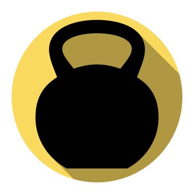 Fitness Dumbbell işareti. Vektör. Düz siyah simgesi beyaz arka plan ile Kraliyet sarı daire üzerinde düz gölge ile. İzole.