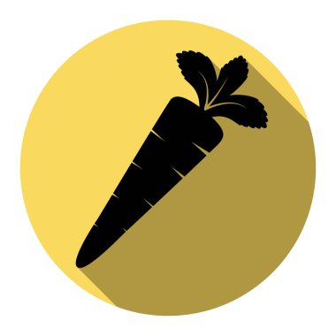 Havuç işareti illüstrasyon. Vektör. Düz siyah simgesi beyaz arka plan ile Kraliyet sarı daire üzerinde düz gölge ile. İzole.