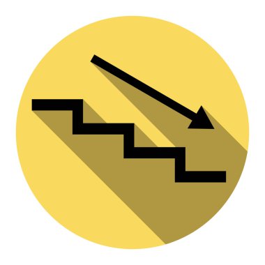 Ok ile merdiven aşağı. Vektör. Düz siyah simgesi beyaz arka plan ile Kraliyet sarı daire üzerinde düz gölge ile. İzole.