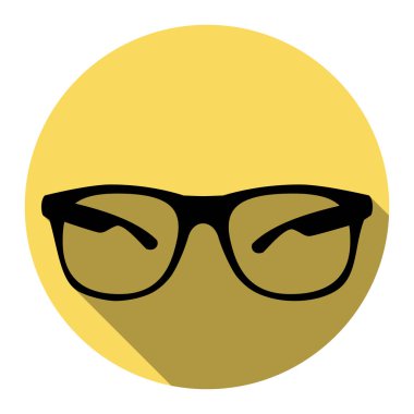 Güneş gözlüğü illüstrasyon işareti. Vektör. Düz siyah simgesi beyaz arka plan ile Kraliyet sarı daire üzerinde düz gölge ile. İzole.