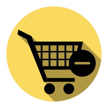 Alışveriş sepeti Kaldır işareti ile vektör. Vektör. Düz siyah simgesi beyaz arka plan ile Kraliyet sarı daire üzerinde düz gölge ile. İzole.