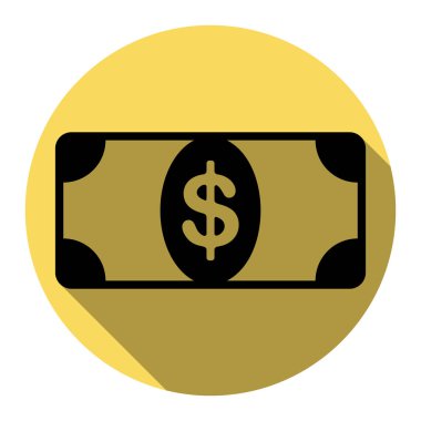 Banknot dolar işareti. Vektör. Düz siyah simgesi beyaz arka plan ile Kraliyet sarı daire üzerinde düz gölge ile. İzole.