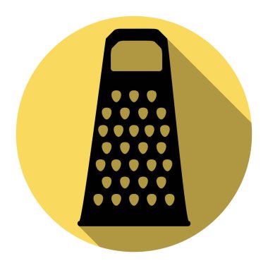 Peynir rende işareti. Vektör. Düz siyah simgesi beyaz arka plan ile Kraliyet sarı daire üzerinde düz gölge ile. İzole.