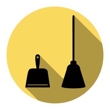 Faraş vektör işareti. Çöp ev işi faraş ekipman temizleme için Kepçe. Vektör. Düz siyah simgesi beyaz arka plan ile Kraliyet sarı daire üzerinde düz gölge ile. İzole.