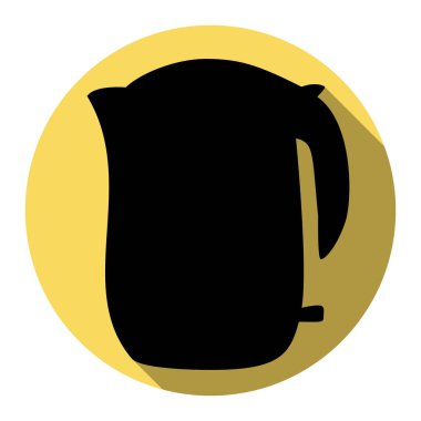 Elektrikli su ısıtıcısı işareti. Vektör. Düz siyah simgesi beyaz arka plan ile Kraliyet sarı daire üzerinde düz gölge ile. İzole.