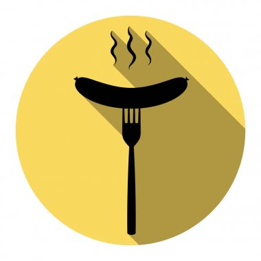 Sosis çatal üye. Vektör. Düz siyah simgesi beyaz arka plan ile Kraliyet sarı daire üzerinde düz gölge ile. İzole.