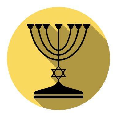 Siyah siluet Yahudi Menorah şamdan. Vektör. Düz siyah simgesi beyaz arka plan ile Kraliyet sarı daire üzerinde düz gölge ile. İzole.