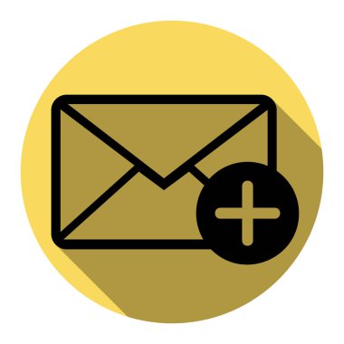 Posta işareti illüstrasyon işareti ekle. Vektör. Düz siyah simgesi beyaz arka plan ile Kraliyet sarı daire üzerinde düz gölge ile. İzole.