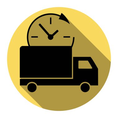 Teslimat işareti illüstrasyon. Vektör. Düz siyah simgesi beyaz arka plan ile Kraliyet sarı daire üzerinde düz gölge ile. İzole.