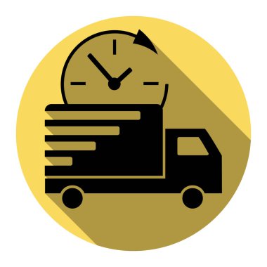 Teslimat işareti illüstrasyon. Vektör. Düz siyah simgesi beyaz arka plan ile Kraliyet sarı daire üzerinde düz gölge ile. İzole.