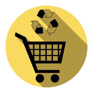 Alışveriş sepeti simgesini geri dönüşüm işareti vektör. Düz siyah simgesi beyaz arka plan ile Kraliyet sarı daire üzerinde düz gölge ile. İzole.