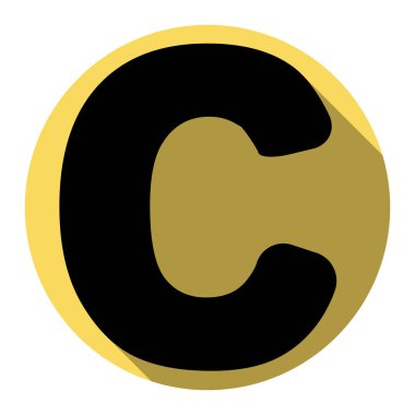 Harf C işareti şablon öğesi tasarım. Vektör. Düz siyah simgesi beyaz arka plan ile Kraliyet sarı daire üzerinde düz gölge ile. İzole.