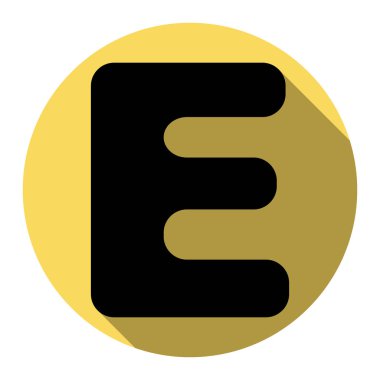 E harfinin işareti şablon öğesi tasarım. Vektör. Düz siyah simgesi beyaz arka plan ile Kraliyet sarı daire üzerinde düz gölge ile. İzole.