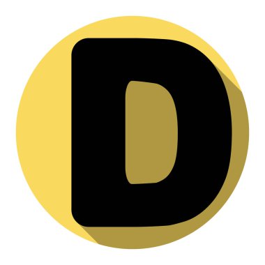 D harfi işareti şablon öğesi tasarım. Vektör. Düz siyah simgesi beyaz arka plan ile Kraliyet sarı daire üzerinde düz gölge ile. İzole.