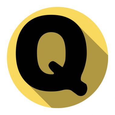 Harf Q işareti şablon öğesi tasarım. Vektör. Düz siyah simgesi beyaz arka plan ile Kraliyet sarı daire üzerinde düz gölge ile. İzole.