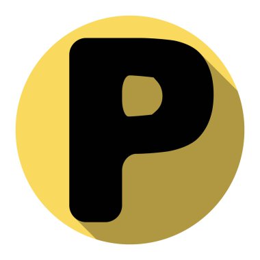 P harfi işareti şablon öğesi tasarım. Vektör. Düz siyah simgesi beyaz arka plan ile Kraliyet sarı daire üzerinde düz gölge ile. İzole.