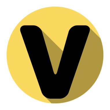 Harf V işareti şablon öğesi tasarım. Vektör. Düz siyah simgesi beyaz arka plan ile Kraliyet sarı daire üzerinde düz gölge ile. İzole.