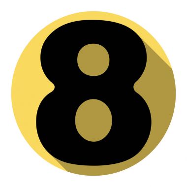 8 numaralı işaret tasarım şablonu öğesi. Vektör. Düz siyah simgesi beyaz arka plan ile Kraliyet sarı daire üzerinde düz gölge ile. İzole.
