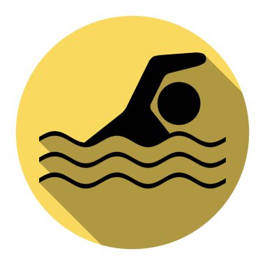 Yüzme su spor işareti. Vektör. Düz siyah simgesi beyaz arka plan ile Kraliyet sarı daire üzerinde düz gölge ile. İzole.