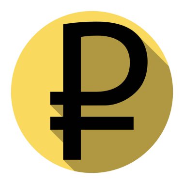 Rublesi işareti. Vektör. Düz siyah simgesi beyaz arka plan ile Kraliyet sarı daire üzerinde düz gölge ile. İzole.