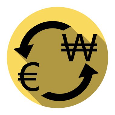 Döviz Alım Satım işareti. Avrupa ve Güney Kore Wonu. Vektör. Düz siyah simgesi beyaz arka plan ile Kraliyet sarı daire üzerinde düz gölge ile. İzole.