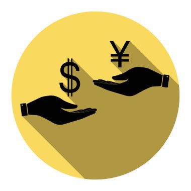 El el üzerinden Döviz Alım Satım. Dolar ve Yen. Vektör. Düz siyah simgesi beyaz arka plan ile Kraliyet sarı daire üzerinde düz gölge ile. İzole.