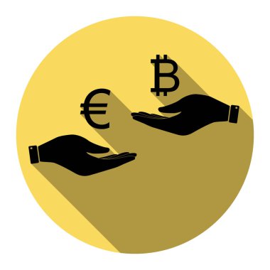 El el üzerinden Döviz Alım Satım. Euro Bitcoin bir. Vektör. Düz siyah simgesi beyaz arka plan ile Kraliyet sarı daire üzerinde düz gölge ile. İzole.