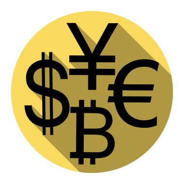 Para birimi koleksiyon Doları, euro, bitcoin, yen oturum açın. Vektör. Düz siyah simgesi beyaz arka plan ile Kraliyet sarı daire üzerinde düz gölge ile. İzole.