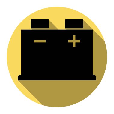 Araba pil işareti. Vektör. Düz siyah simgesi beyaz arka plan ile Kraliyet sarı daire üzerinde düz gölge ile. İzole.