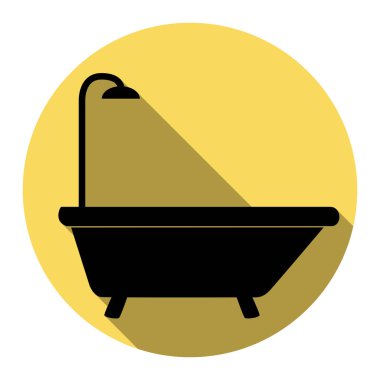 Küvet işareti. Vektör. Düz siyah simgesi beyaz arka plan ile Kraliyet sarı daire üzerinde düz gölge ile. İzole.