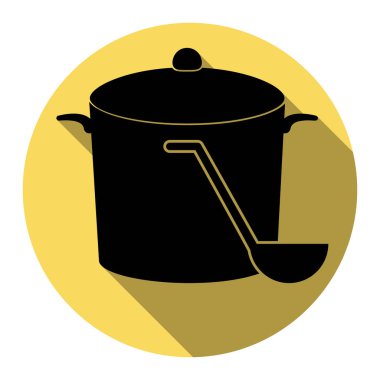 Buhar işareti ile pan. Vektör. Düz siyah simgesi beyaz arka plan ile Kraliyet sarı daire üzerinde düz gölge ile. İzole.