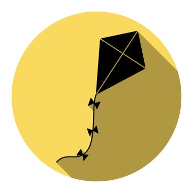 Uçurtma işareti. Vektör. Düz siyah simgesi beyaz arka plan ile Kraliyet sarı daire üzerinde düz gölge ile. İzole.